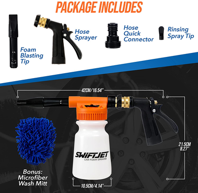 SwiftJet Car Wash Foam Gun Sprayer with Microfiber Wash Mit - Adjustable Water Pressure & Soap Ratio Dial - Foam Cannon Attaches to Any Garden Hose (Foam Sprayer with Wash Mit)