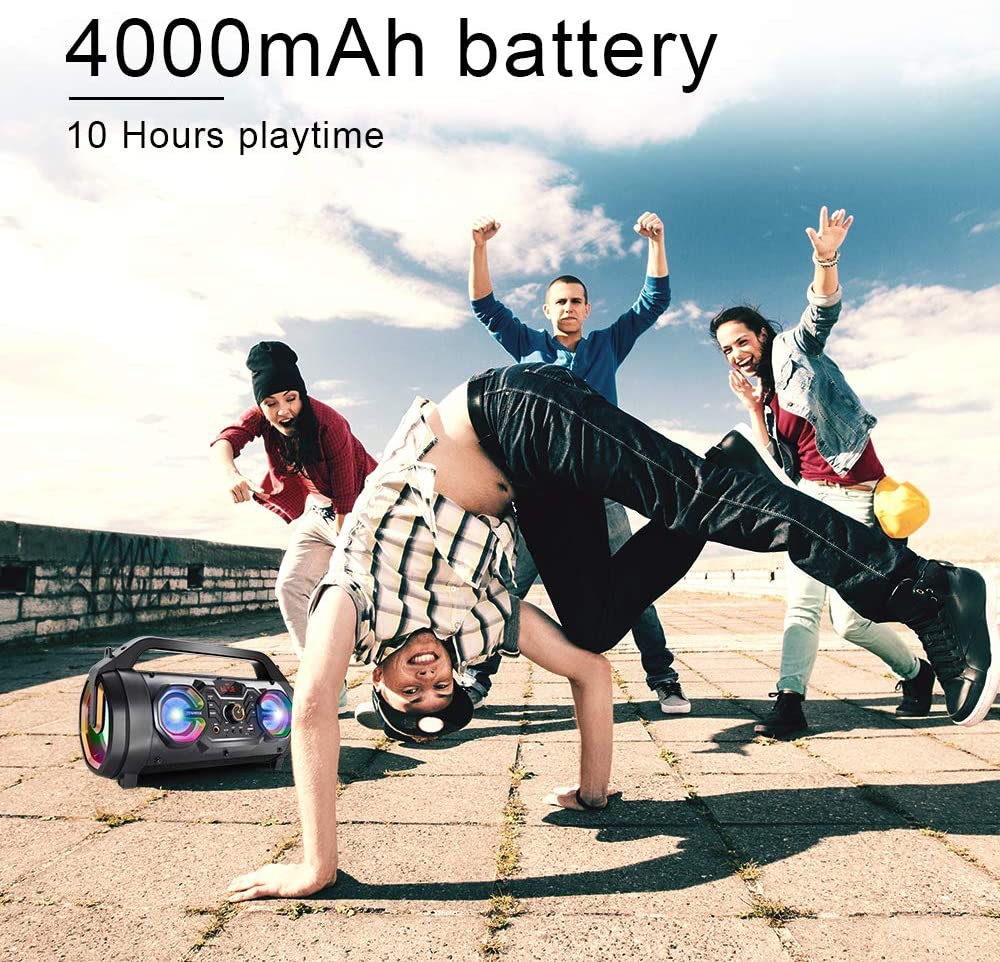Bluetooth Speakers, 30W Portable Bluetooth Boombox with Subwoofer, FM Radio, RGB Colorful Lights, EQ, Stereo Sound, Booming Bass, 10H Playtime Wireless Outdoor Speaker for Home, Party, Camping, Travel