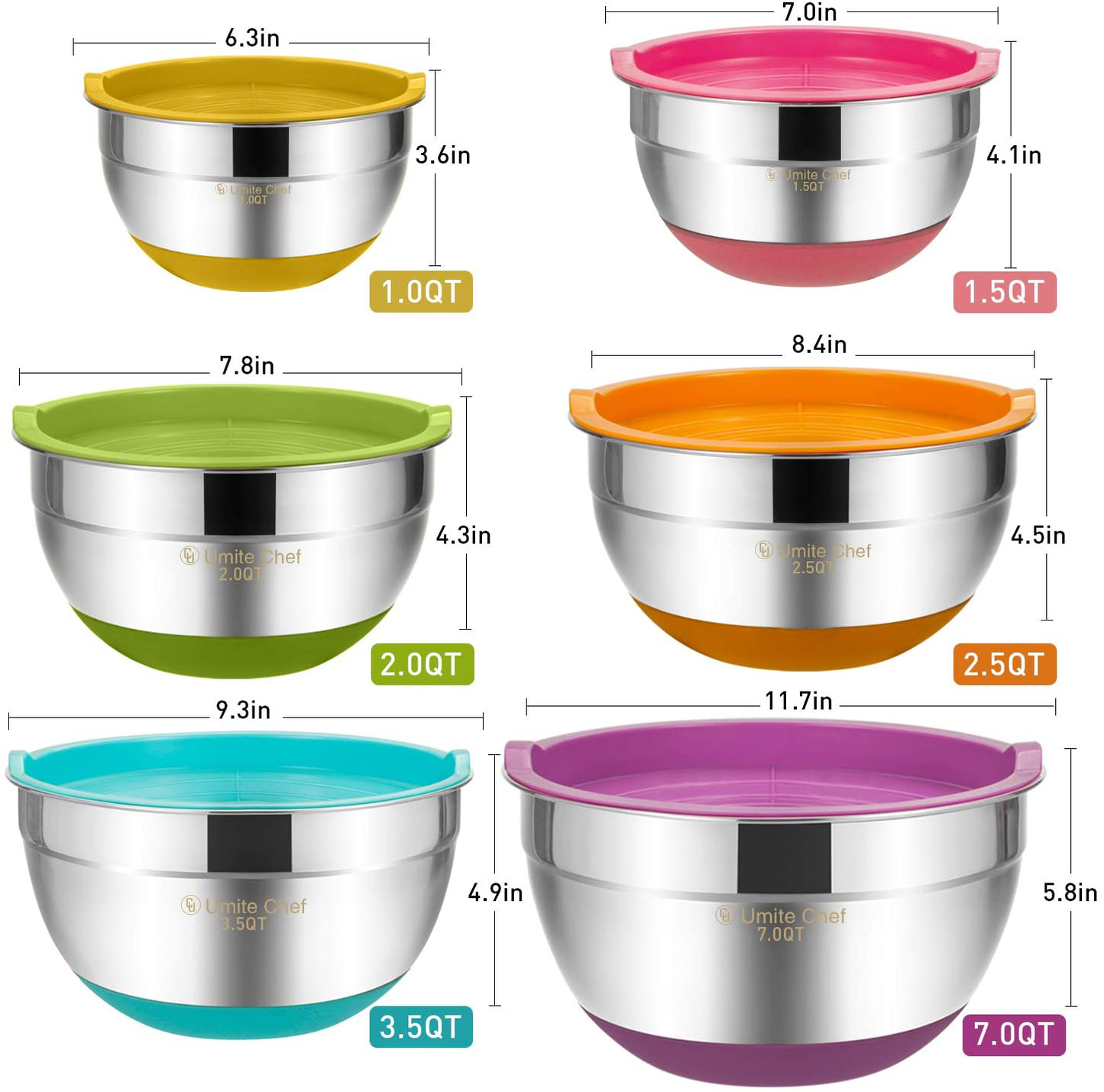 Mixing Bowls with Airtight Lids, 6 piece Stainless Steel Metal Bowls by Umite Chef, Colorful Non-Slip Bottoms Size 7, 3.5, 2.5, 2.0,1.5, 1QT, Great for Mixing & Serving