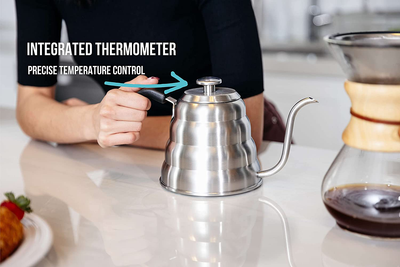 Barista Warrior Stainless Steel Pour over Coffee & Tea Kettle with Thermometer for Exact Temperature - Gooseneck Spout Pots - Kitchen Appliances & Dorm Essentials (Copper Coated, 1.2 Liter, 40 Fl Oz)