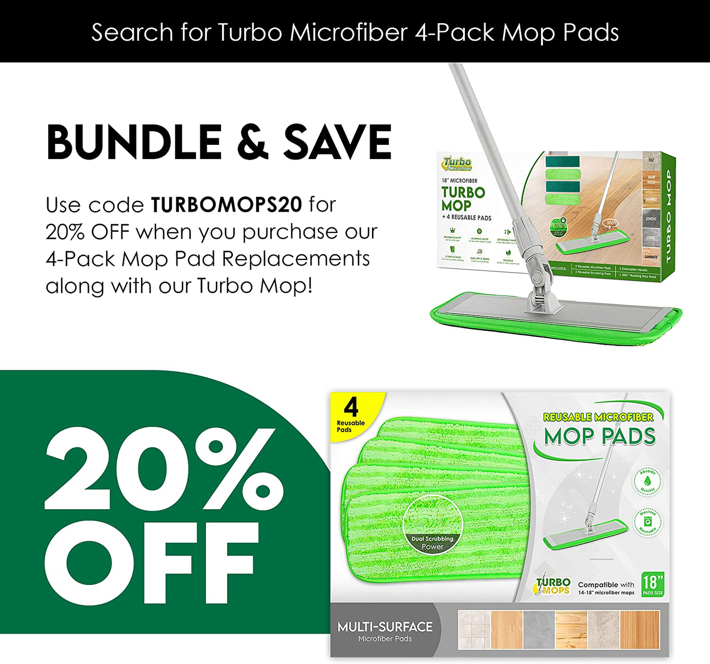 Turbo Microfiber Mop Floor Cleaning System - 18-inch Sweeper with 4 Reusable Pads and 360-Spin Mop Head with Extendable Handle - Household Cleaning Supplies and Tools