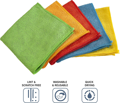 Microfiber Cleaning Cloths for Home, Kitchen, and Auto Detailing, 11.5 by 11.5 Inches, 5 Colors, 25 Pack