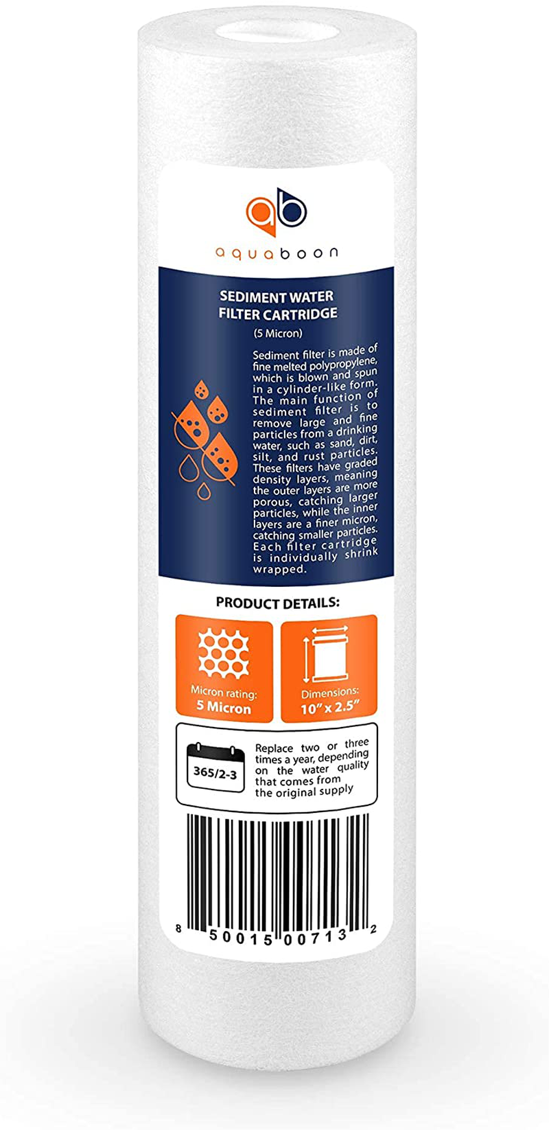 Aquaboon 6-Pack of 5 Micron 10" Sediment Water Filter Replacement Cartridge for Any Standard RO Unit | Whole House Sediment Filtration | Compatible with DuPont WFPFC5002, Pentek DGD series, RFC
