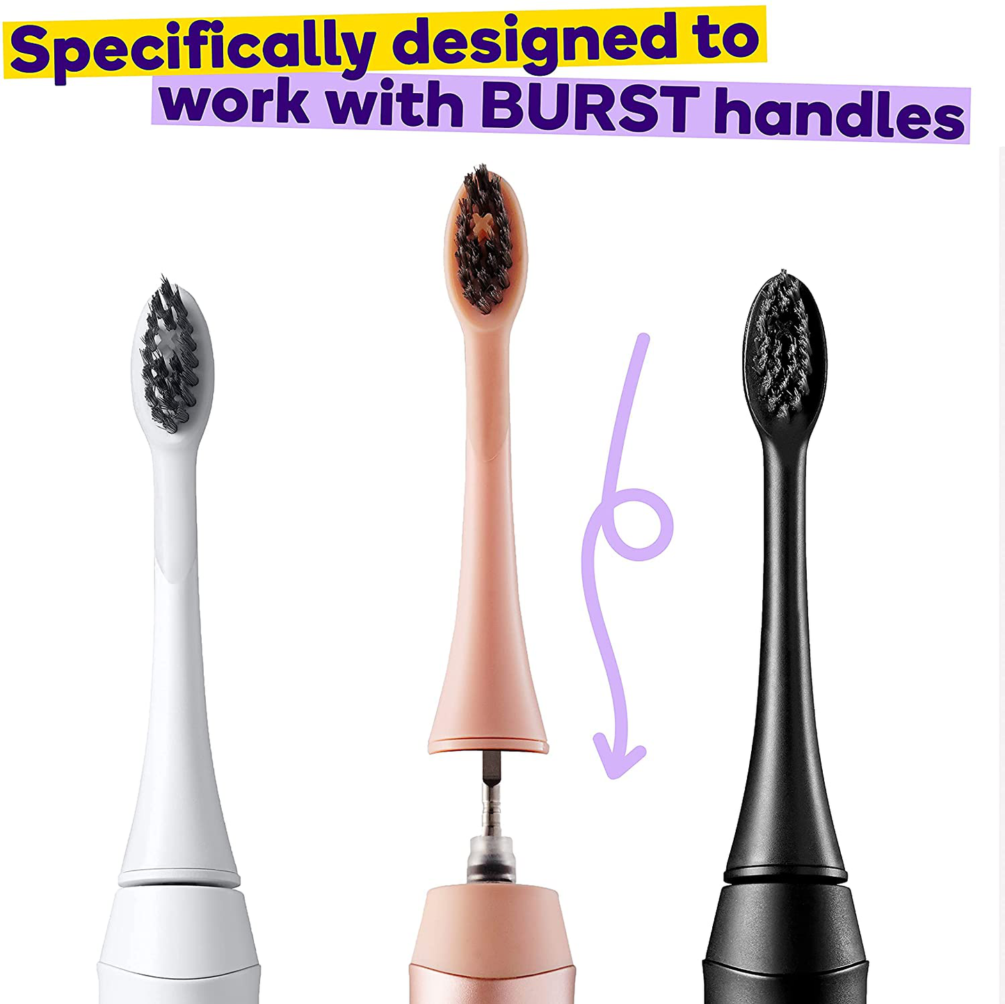 BURST Replacement Electric Toothbrush Heads, Charcoal Bristles, BURST Sonic Toothbrush Compatible, Deep Clean, Healthier Smile, 3pk