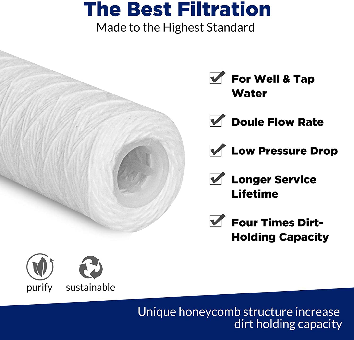 Membrane Solutions 50 Micron String Wound Water Filter Universal Whole House Replacement Cartridge Sediment Filters for Well Water 10"x2.5" - 6 Pack
