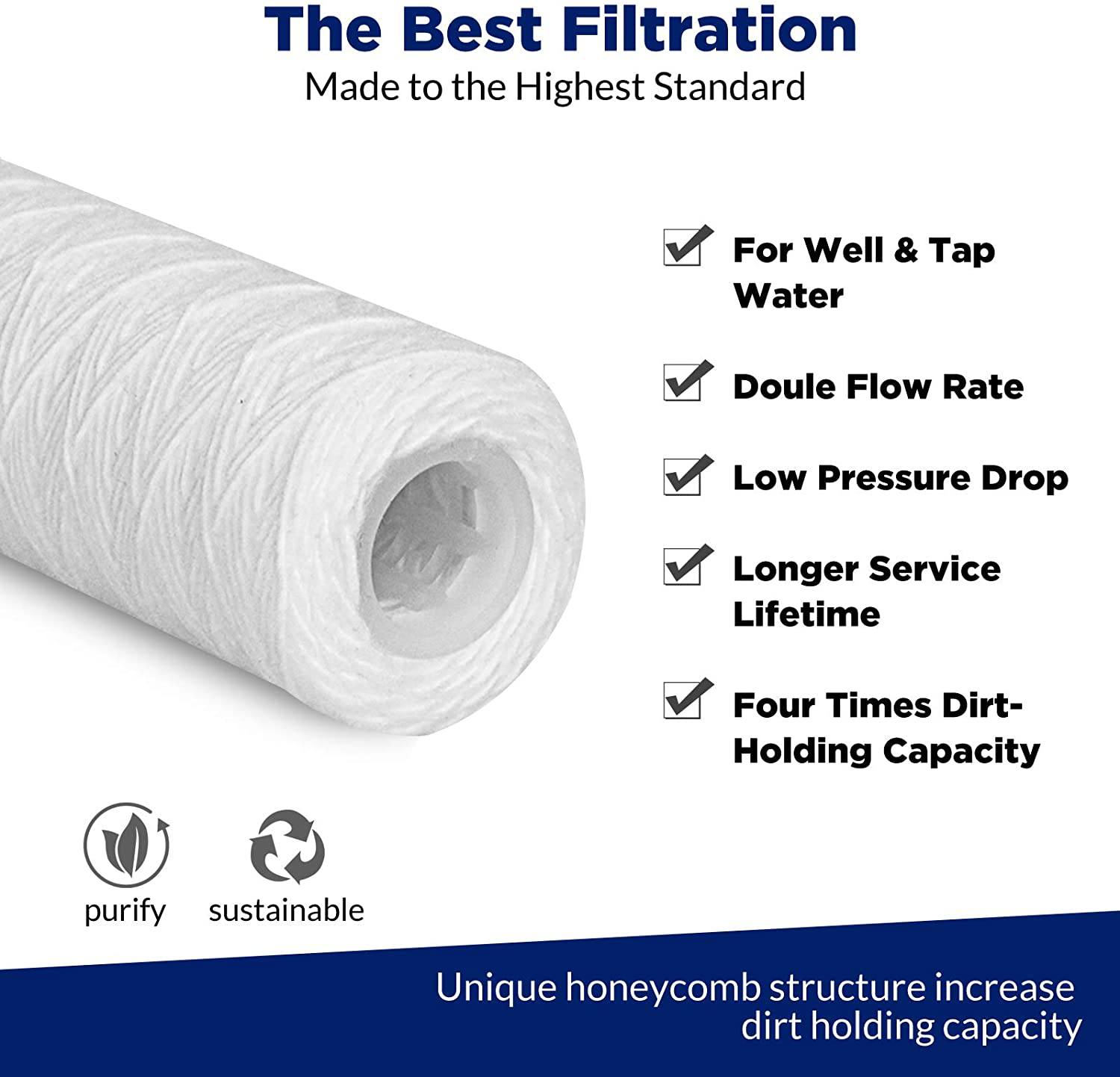Membrane Solutions 50 Micron String Wound Water Filter Universal Whole House Replacement Cartridge Sediment Filters for Well Water 10"x2.5" - 6 Pack