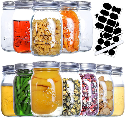Mason Jars 16 OZ,12 Pack Regular Mouth Glass Jars for Sealing, Meal Prep, Jam, Honey, Overnight Oats, Food Storage, Canning, Preserving, Drinking, DIY Decors and Projects, Canning Jars with Silver Airtight Lids, Glass Storage Jars