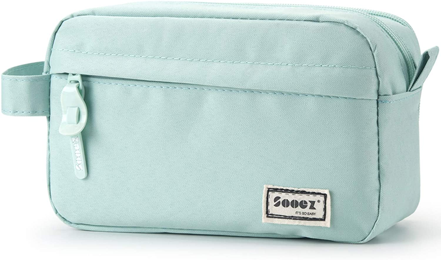 Sooez High Capacity Pen Case Black, Durable Pencil Bag Stationery Pouch Zipper, Portable Journaling Supplies with Easy Grip Handle & Loop
