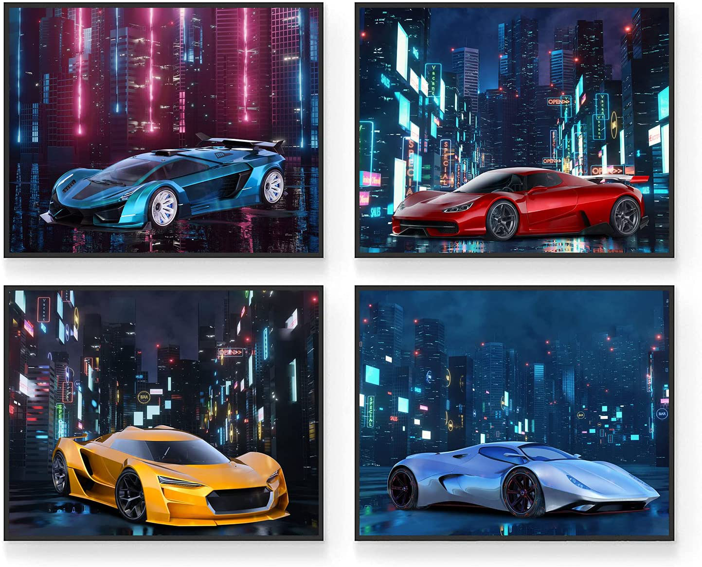 Car Wall Art, Car Poster, Car Posters for Boys Room - Set of 4 (10"x8") Car Wall Decor, Car Decor for Boys Room, Kids Room Decor For Boys - UNFRAMED Boys Room Wall Decor - Cyber City Theme
