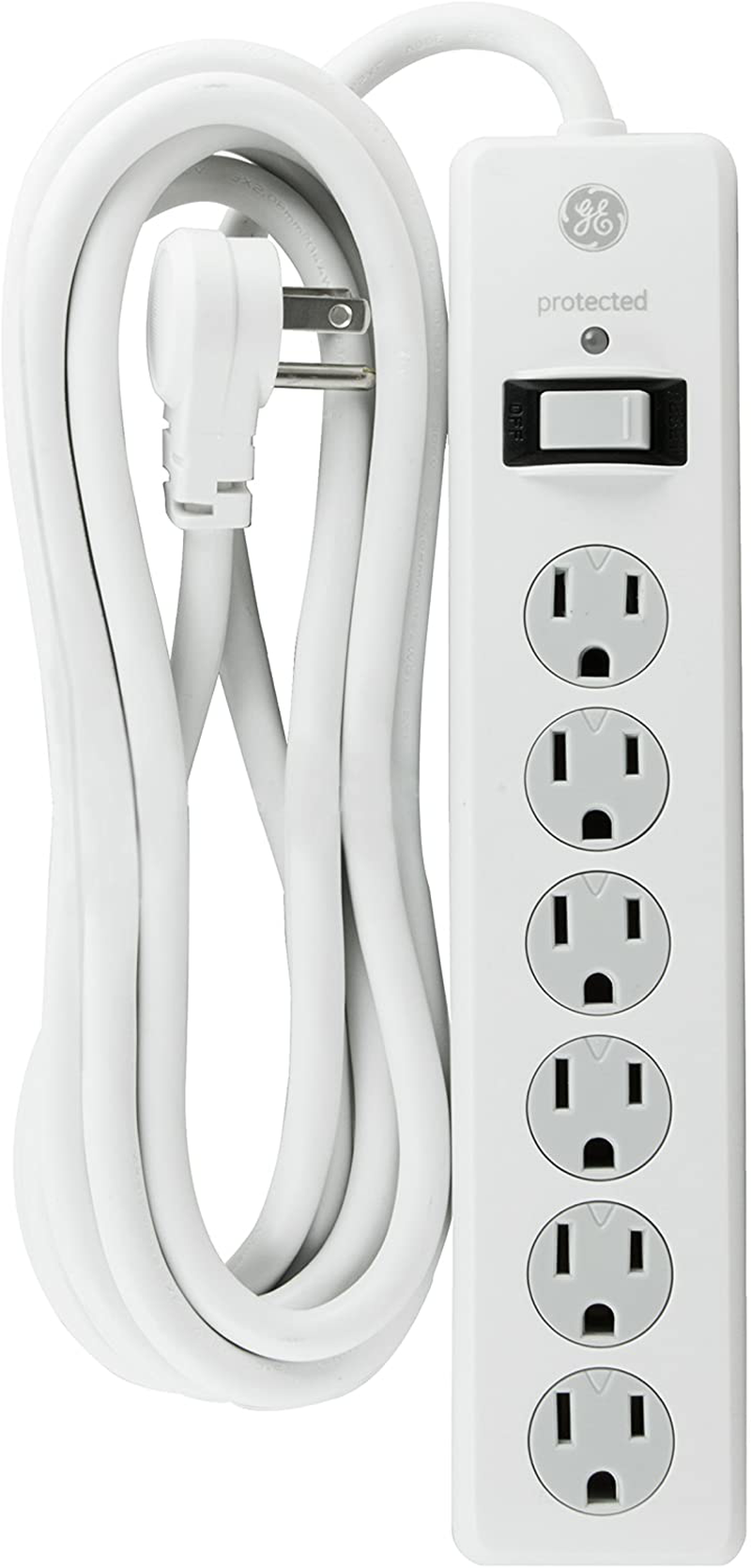 GE 6 Outlet Surge Protector, 10 Ft Extension Cord, Power Strip, 800 Joules, Flat Plug, Twist-to-Close Safety Covers, White, 14092