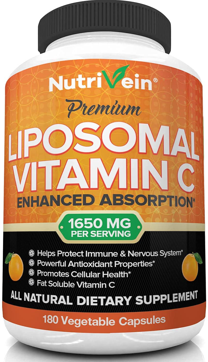 Nutrivein Liposomal Vitamin C 1650Mg - 180 Capsules - High Absorption Ascorbic Acid - Supports Immune System and Collagen Booster - Powerful Antioxidant High Dose Fat Soluble Supplement