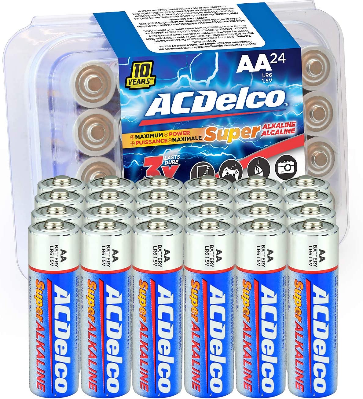 Acdelco AA Batteries, Maximum Power Super Alkaline Battery, 10-Year Shelf Life, Recloseable Packaging, Blue