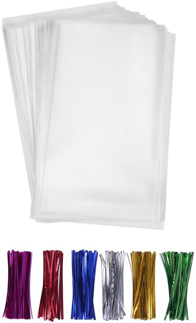 200 Poly Treat Bags 5x7 with 4" Twist Ties Assorted Colors - 1.4mils Thickness OPP Plastic Bags of Candy Cookie Treat (5'' x 7'')