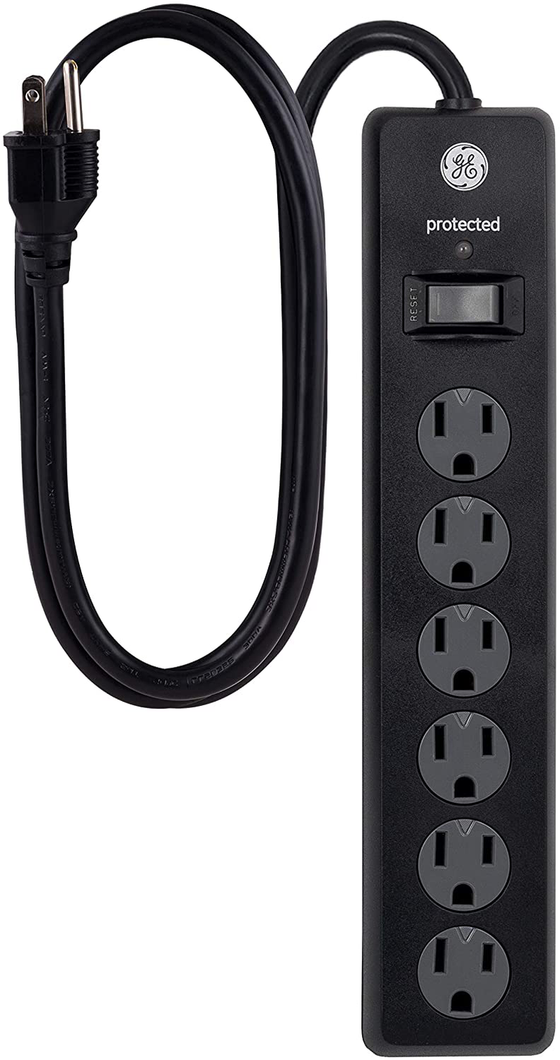 GE 6 Outlet Surge Protector, 10 Ft Extension Cord, Power Strip, 800 Joules, Flat Plug, Twist-to-Close Safety Covers, White, 14092