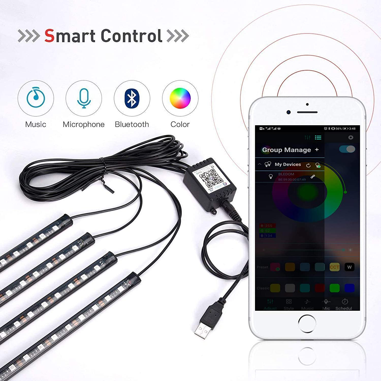 Winzwon Car Led Lights Interior 4 Pcs 48 Led Strip Light For Car With USB Port APP Control For iPhone Android Smart Phone Infinite DIY Colors Music Microphone Control