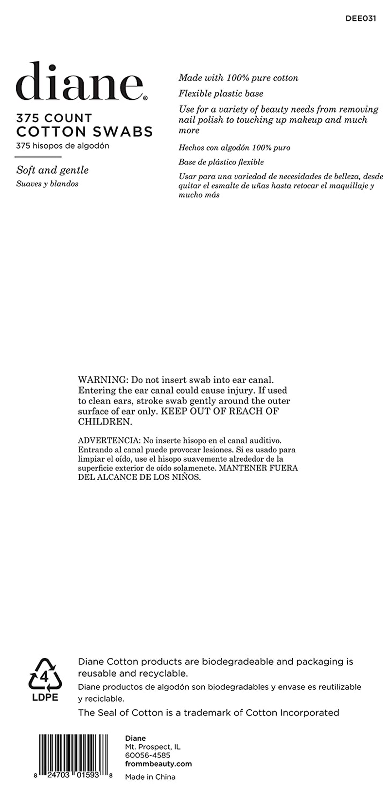 Diane Cotton Swabs - Pack of 375 – 100% Real Cotton Tip Sticks – Soft, Gentle on Face, Makeup, and Beauty Applicator, Nail Polish Removal – 3 Inches Long, DEE031