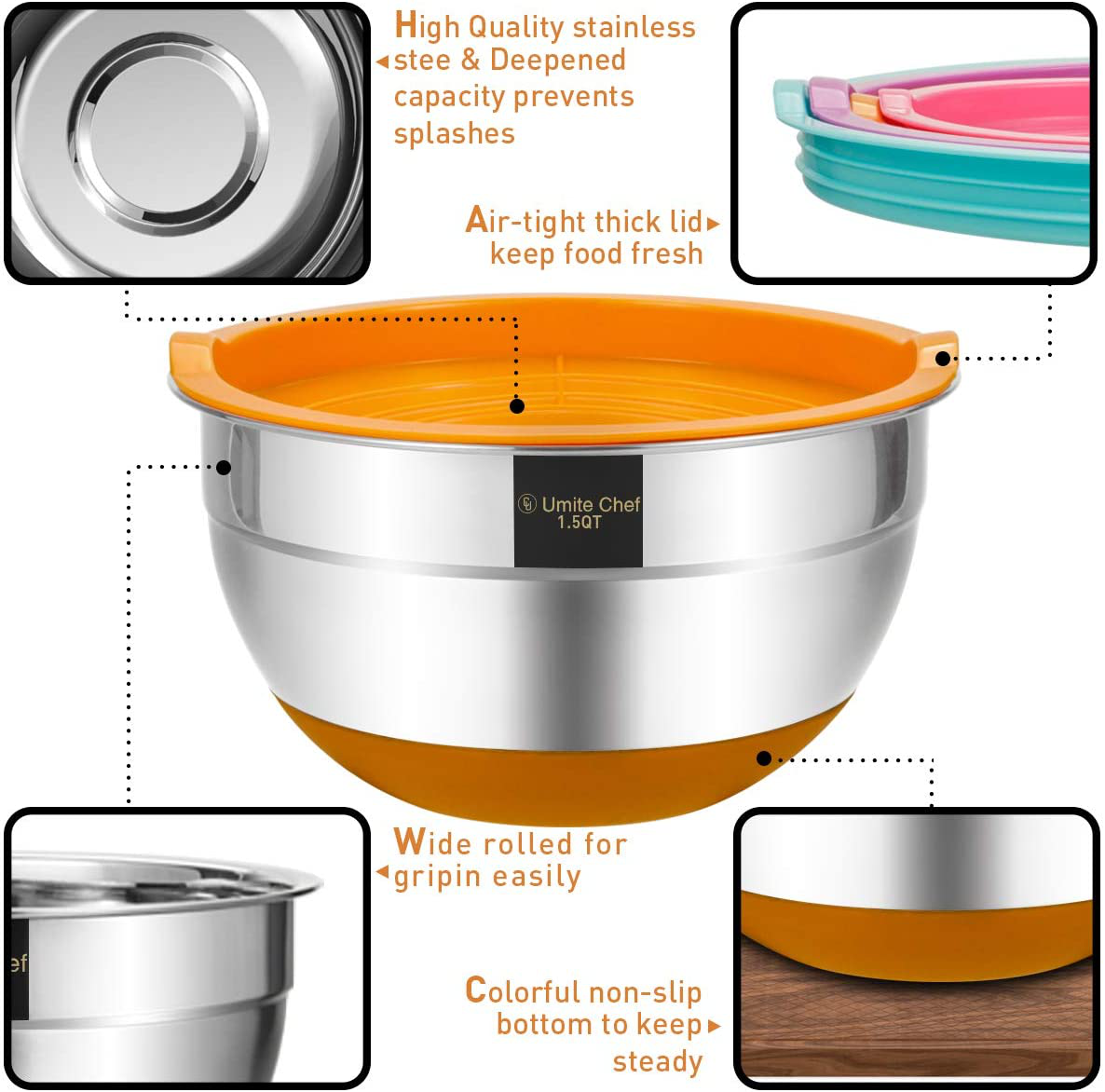 Mixing Bowls with Airtight Lids, 6 piece Stainless Steel Metal Bowls by Umite Chef, Colorful Non-Slip Bottoms Size 7, 3.5, 2.5, 2.0,1.5, 1QT, Great for Mixing & Serving
