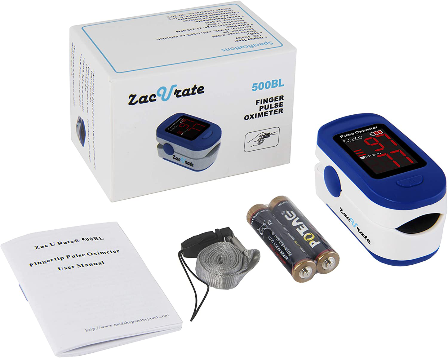 Zacurate 500BL Fingertip Pulse Oximeter Blood Oxygen Saturation Monitor with Batteries and Lanyard Included (Navy Blue)