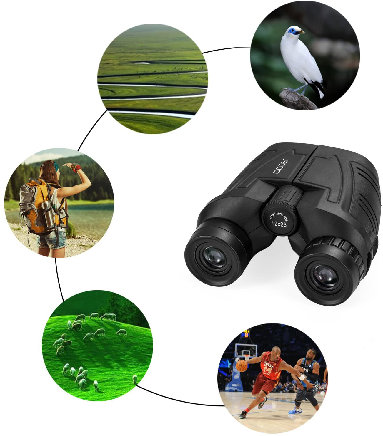 occer 12x25 Compact Binoculars with Clear Low Light Vision, Large Eyepiece Waterproof Binocular for Adults Kids,High Power Easy Focus Binoculars for Bird Watching,Outdoor Hunting,Travel,Sightseeing