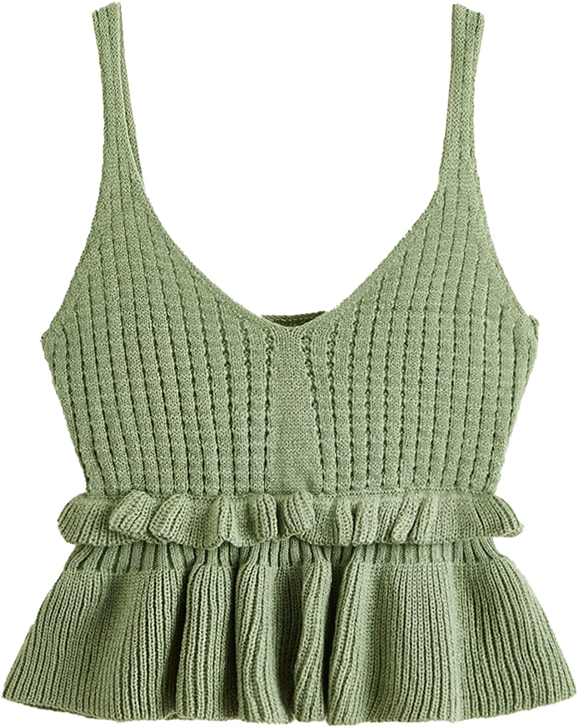 SweatyRocks Women's Casual Knit Top Sleeveless Ruffle Hem V Neck Peplum Crop Tank Top