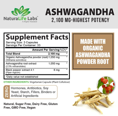 Organic Ashwagandha 2,100 mg - 100 Vegan Capsules Pure Organic Ashwagandha Powder and Root Extract - Stress Relief, Mood Enhancer, Immune & Thyroid Support