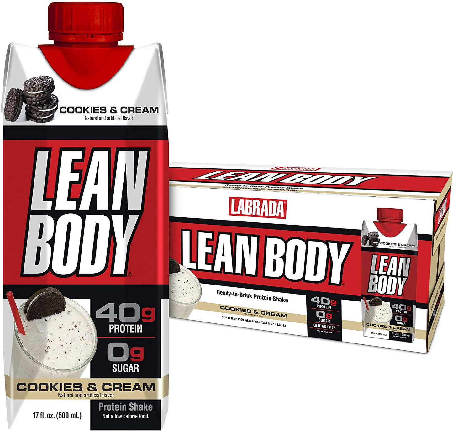 Lean Body Ready-To-Drink Cookies and Cream Protein Shake, 40G Protein, Whey Blend , 0 Sugar, Gluten Free, 22 Vitamins & Minerals, (Recyclable Carton & Lid - Pack of 12) LABRADA , 17 Fl Oz (Pack of 12)