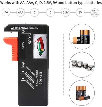 Battery Tester, VTECHOLOGY Model BT-168 Battery Checker for AA AAA C D 9V 1.5V Button Cell Batteries (Requires No Battery for Operation)