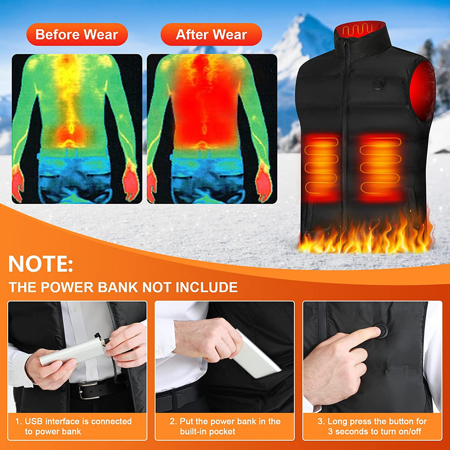 Aastin Heated Vest for Men, Electric USB Heating Vest Thickened Lightweight to Keep Body Warm, Battery Not Included