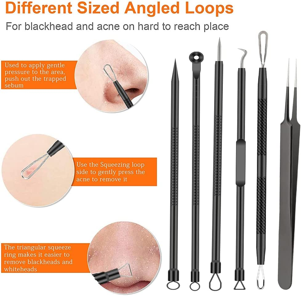 Pimple Popper Tool Kit , 6 Pcs Blackhead Remover Acne Needle Tools Set Removing Treatment Comedone Whitehead Popping Zit for Nose Face Skin Blemish Extractor Tool - Black