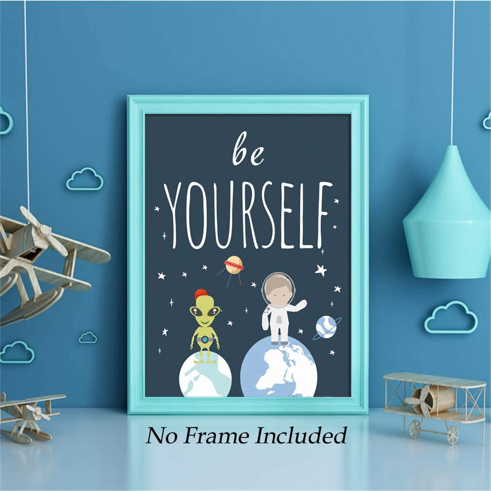 Unframed Inspirational Art Print, Outer Space Planet Wall Art Painting ,Set of 4(8" x10" )Be Kind Be Brave Be Curious Be Yourself Quote Canvas Posters For Boys Bedroom Nursery Decor