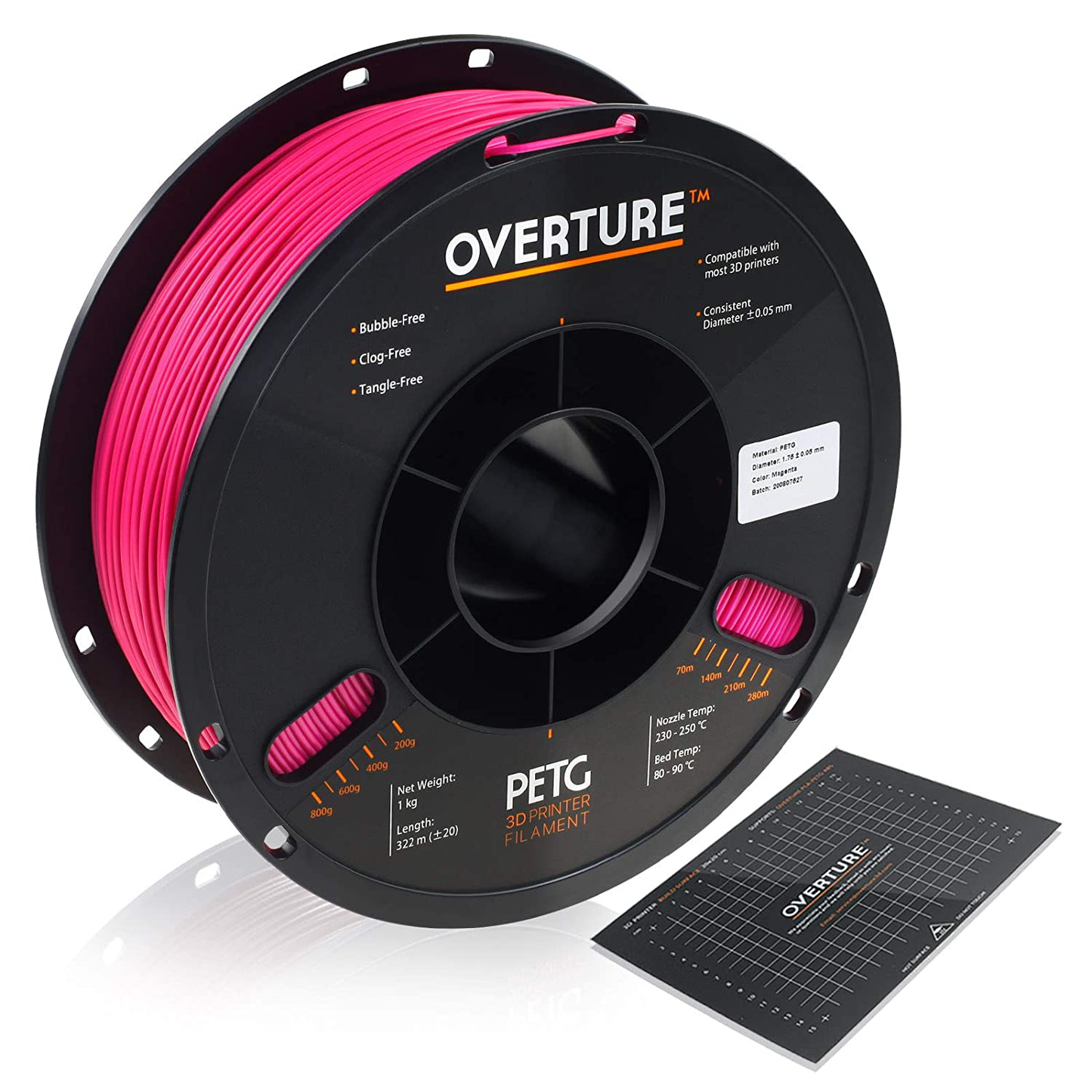 OVERTURE PETG Filament 1.75mm with 3D Build Surface 200 x 200 mm 3D Printer Consumables, 1kg Spool (2.2lbs), Dimensional Accuracy +/- 0.05 mm, Fit Most FDM Printer