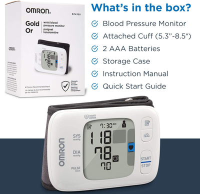 OMRON Gold Blood Pressure Monitor, Portable Wireless Wrist Monitor, Digital Bluetooth Blood Pressure Machine, Stores up to 200 Readings for Two Users (100 Readings Each)