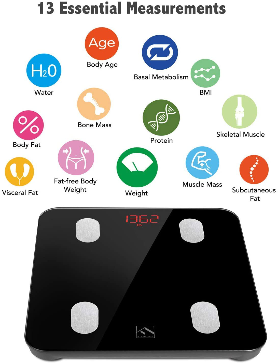 FITINDEX Bluetooth Body Fat Scale, Smart Wireless BMI Bathroom Weight Scale Body Composition Monitor Health Analyzer with Smartphone App