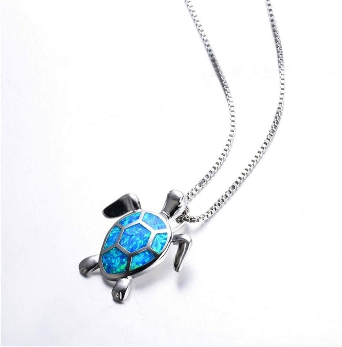 Cute Turtle Pendant Necklace Lovely Animals White Created Fire Opal Silver Chain Necklace Jewellery Gifts (Blue)