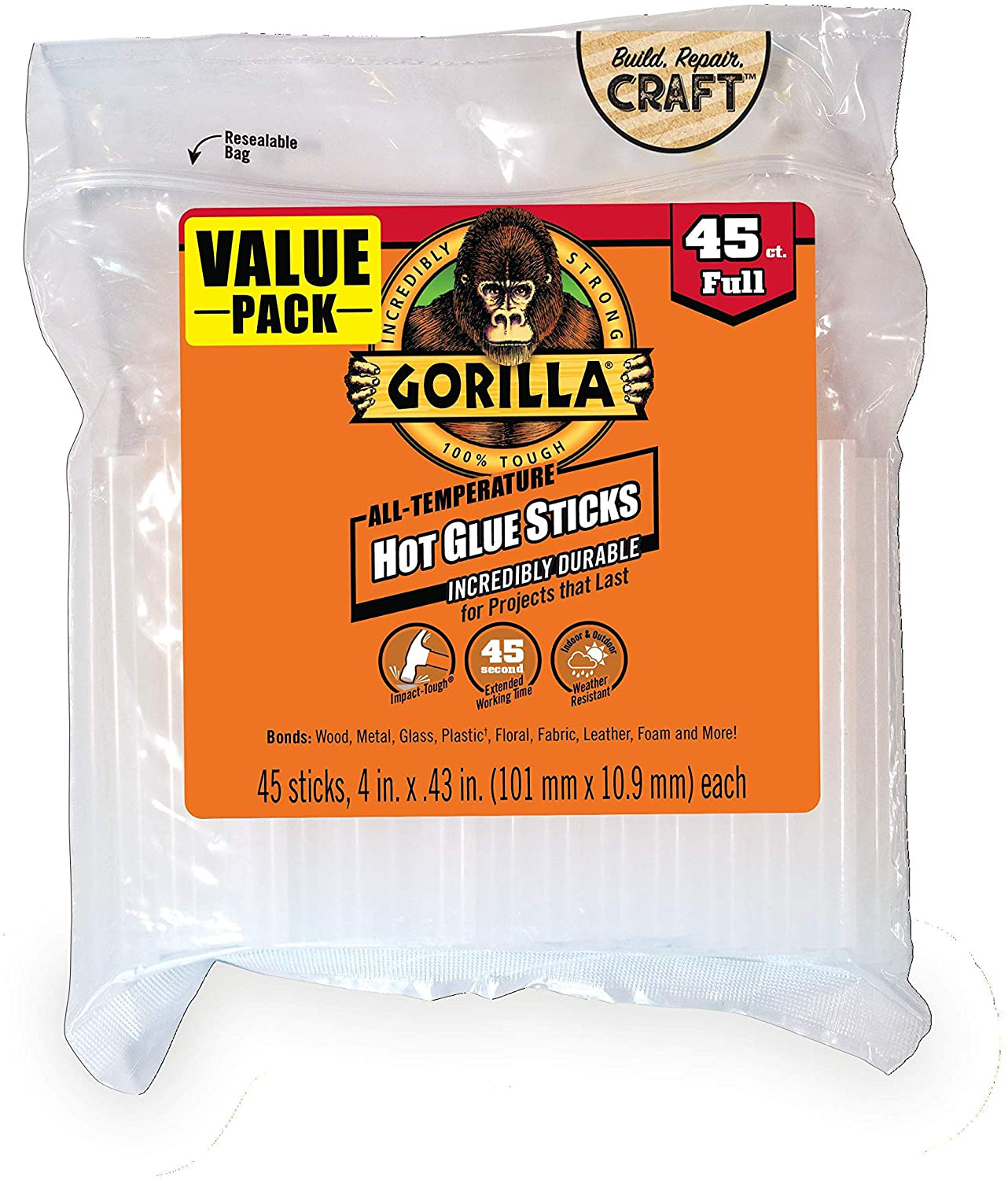 Gorilla Hot Glue Sticks, Full Size, 8" Long x .43" Diameter, 20 Count, Clear, (Pack of 1)