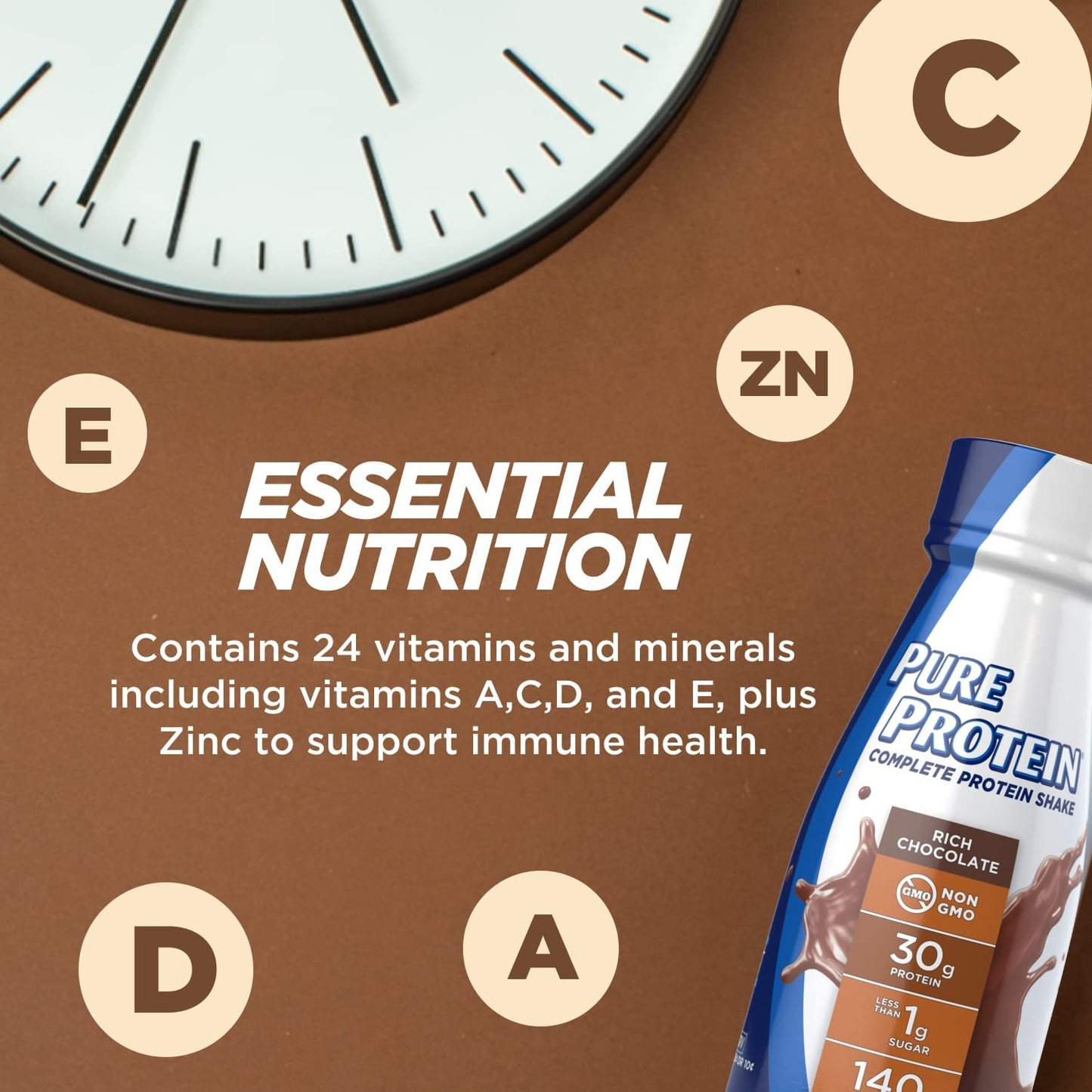 Pure Protein Chocolate Protein Shake, 30G Complete Protein, Ready to Drink and Keto-Friendly, Vitamins A, C, D, and E plus Zinc to Support Immune Health, 11Oz Bottles, 12 Pack