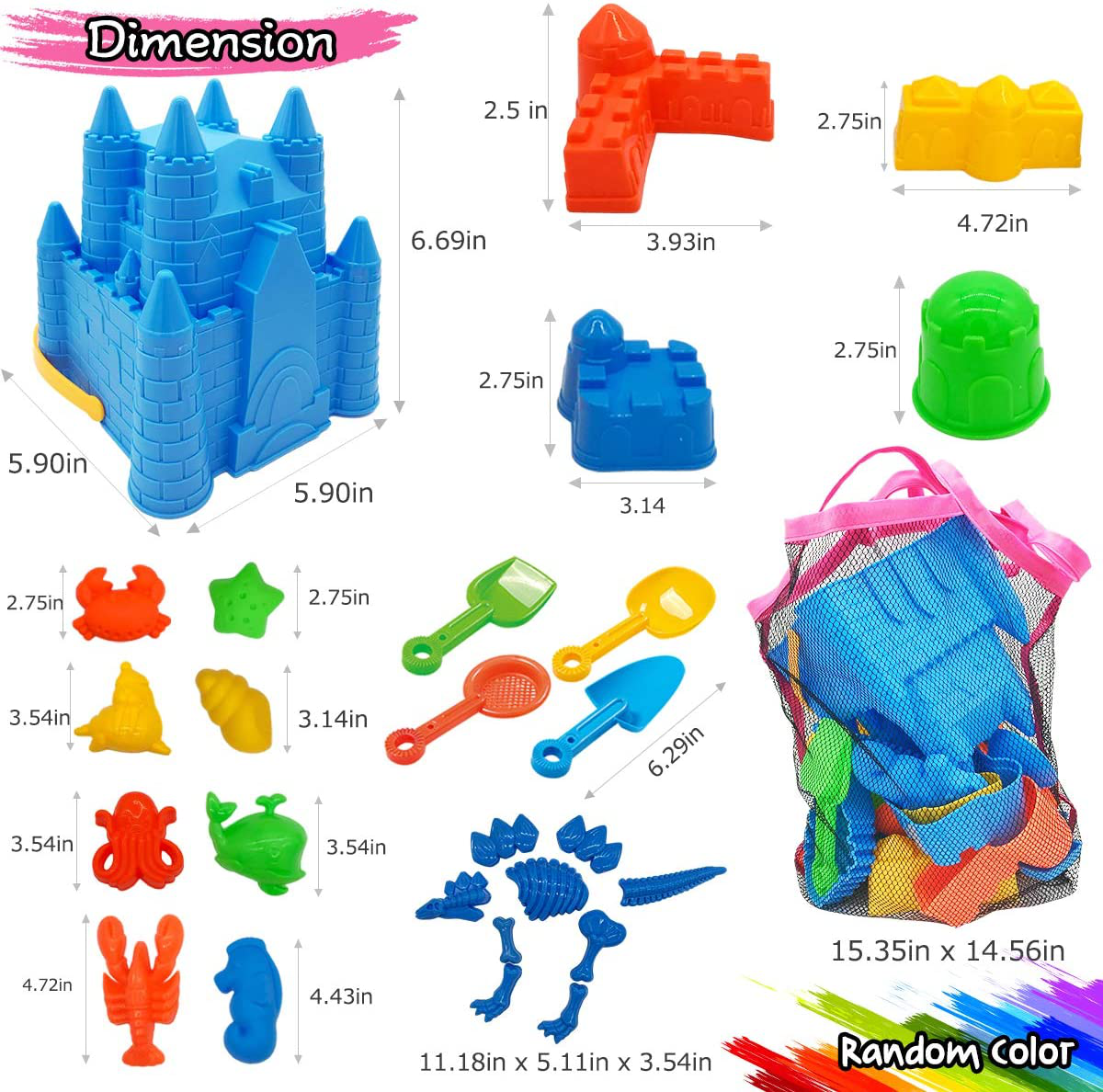 Kids Beach Sand Toys Set, 27pcs Beach Toys Castle Molds Sand Molds, Beach Bucket, Beach Shovel Tool Kit, Sandbox Toys for Toddlers, for Toddlers Kids Outdoor Indoor Play Gift 1 Bonus Mesh Bag Include