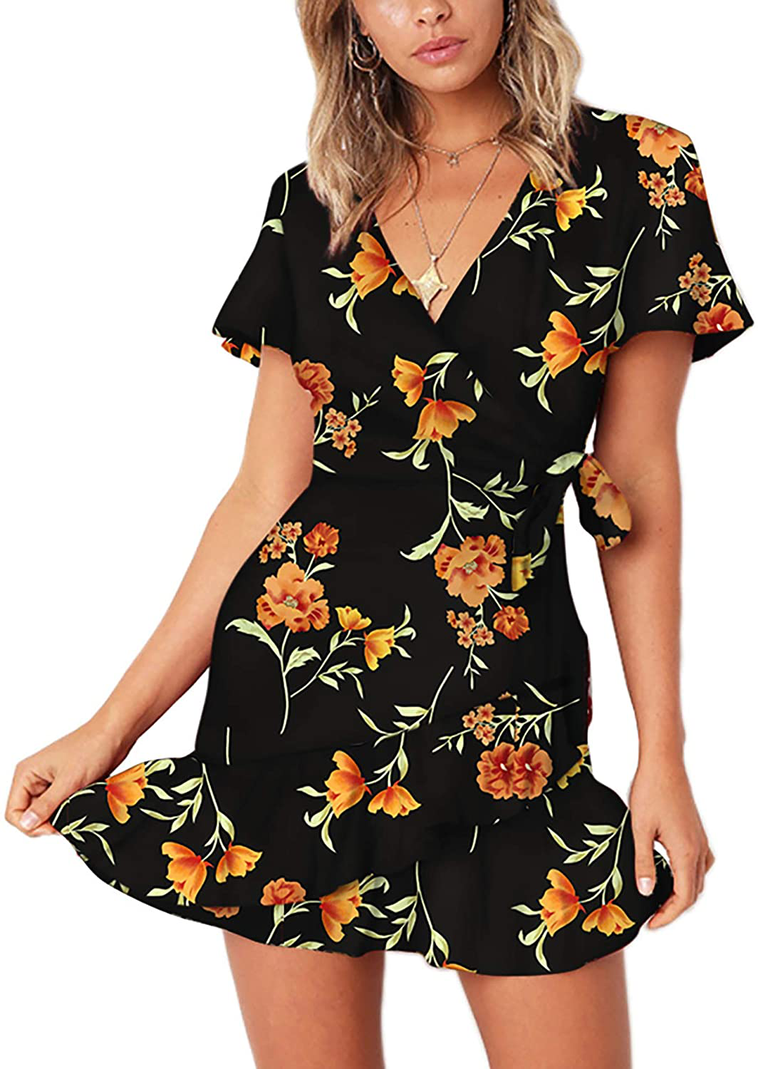 Relipop Summer Women Short Sleeve Print Dress V Neck Casual Short Dresses