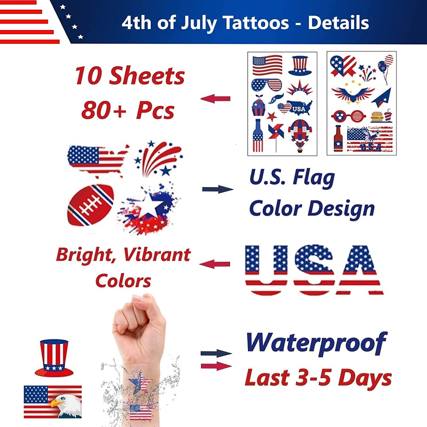 10 Sheets 4Th of July Temporary Tattoos, 80 Pcs Cute Waterproof Patriotic Tattoos for 4Th of July Decorations Patriotic Decor