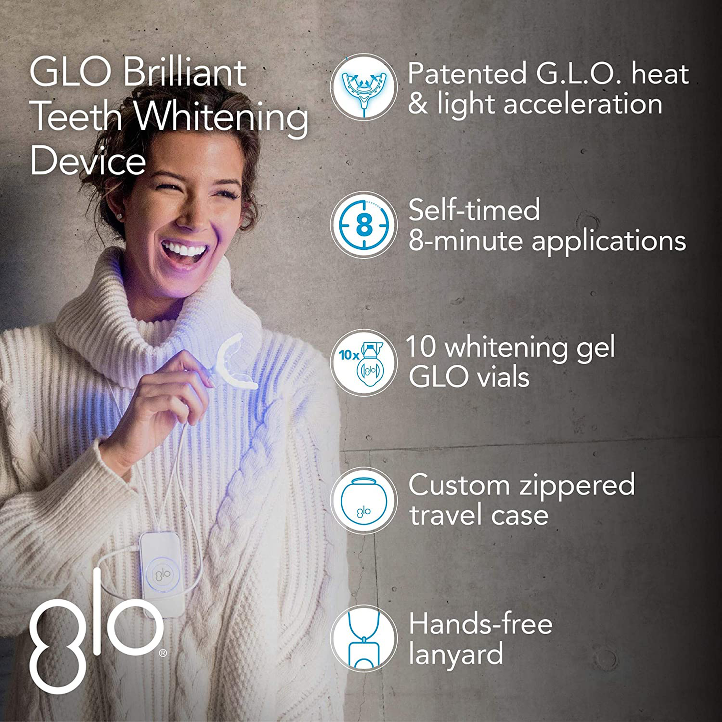 GLO Brilliant Deluxe Teeth Whitening Device Kit with Patented Blue LED Light & Heat Accelerator for Fast, Pain-Free, Long Lasting Results