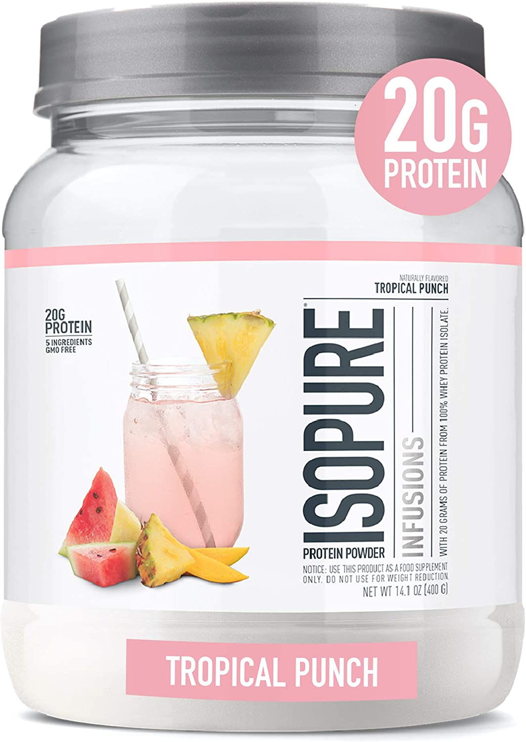 Isopure Protein Powder, Gluten Free, Whey Protein Isolate, Post Workout Recovery Drink Mix, Prime Drink, Infusions- Tropical Punch, 16 Servings