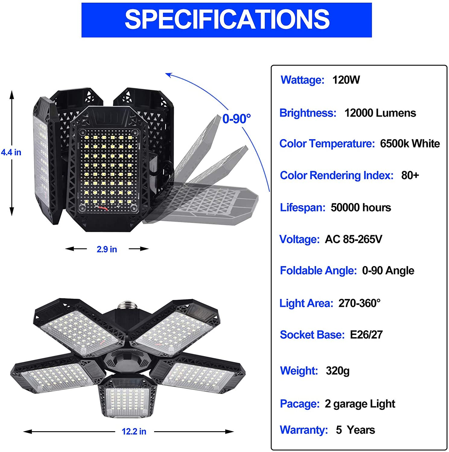 2 Pack LED Garage Lights, 120W Deformable LED Garage Ceiling Lights with 5 Adjustable Panels, 12000LM E26 LED Shop Lights for Garage, Basement, Barn, High Bay Light (2 Pack)