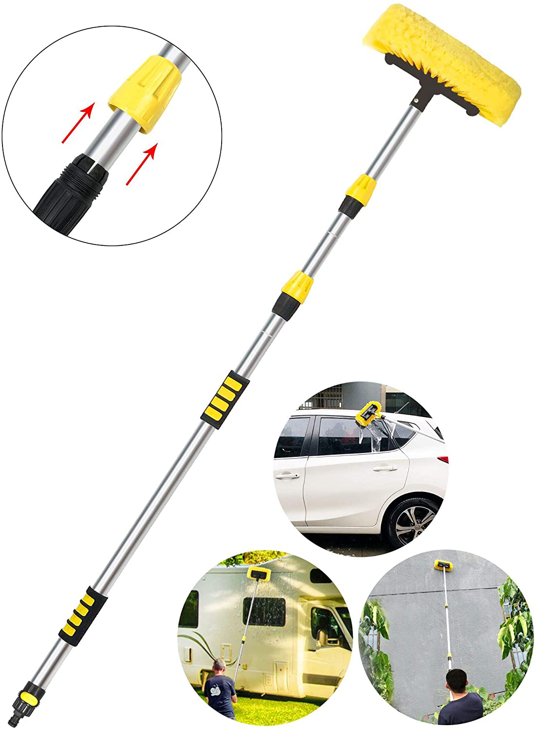 Buyplus Car Wash Brush with Long Handle - 12 Foot Telescopic Flow Through Car Washing Brush with Hose Attachment, Soft Bristle Head for RV, Trucks, No Scratch Dip Car Cleaning Water Brush