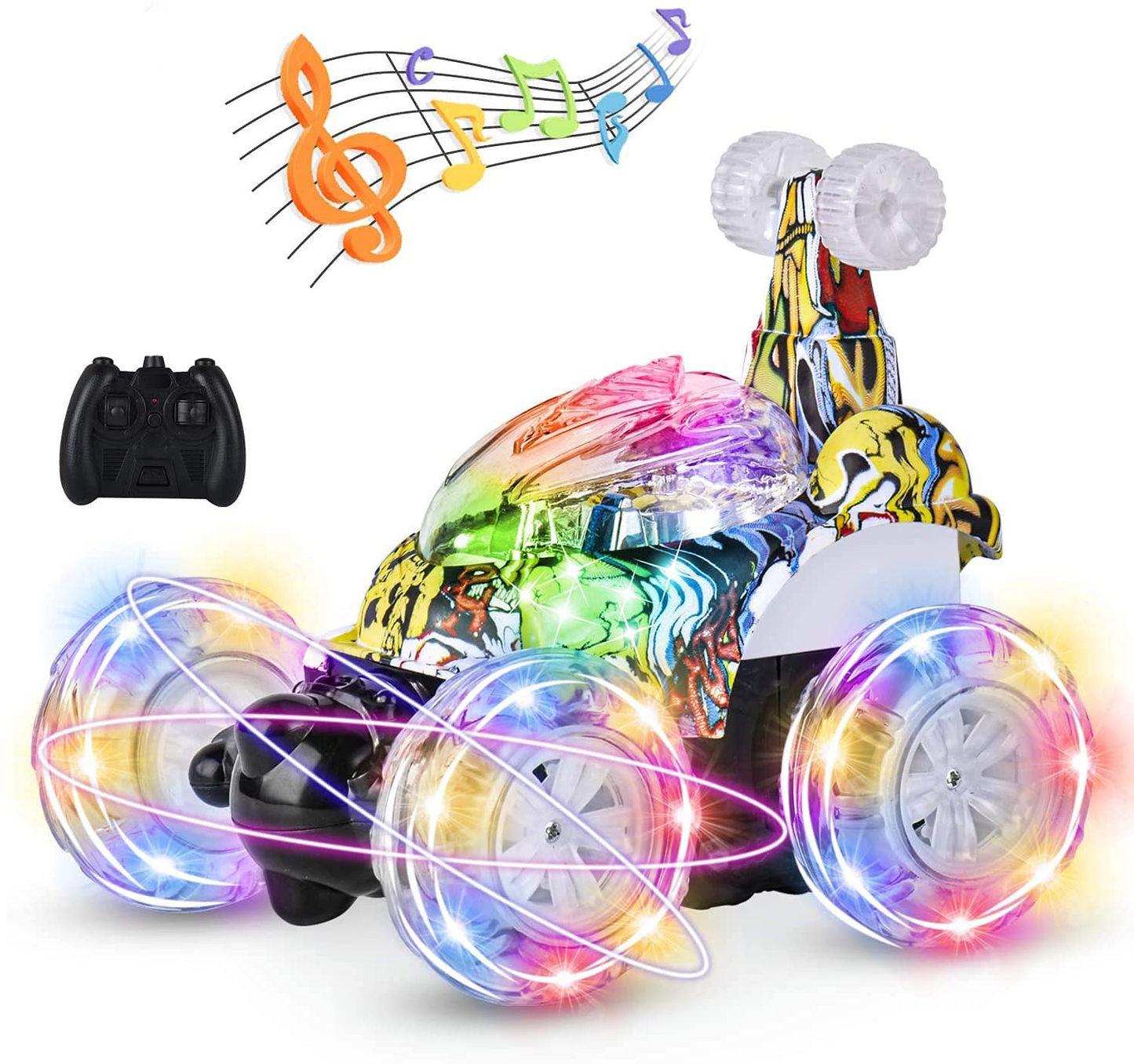Kizeefun Remote Control Car, RC Stunt Car Invincible 360°Rolling Twister with Colorful Lights & Music Switch, Rechargeable Remote Control Car for Boys and Girls