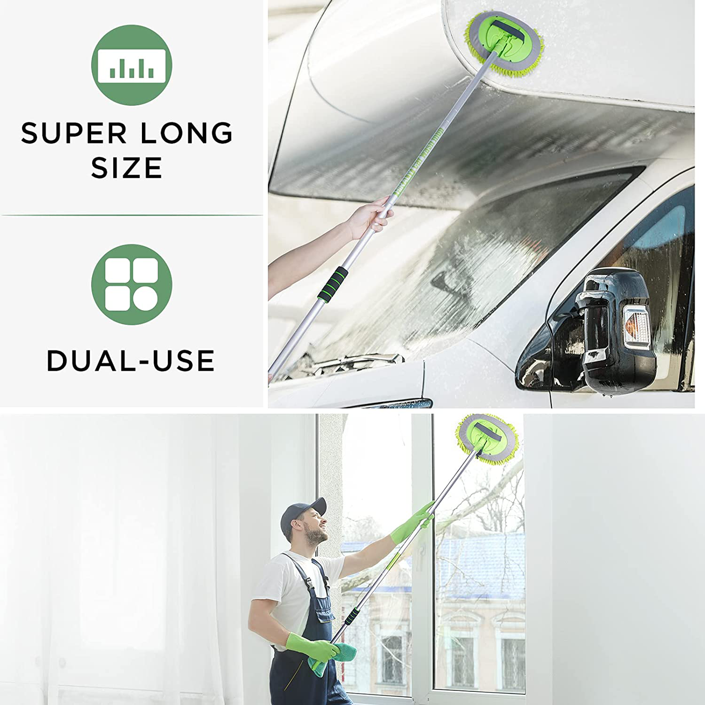 HIRALIY 2 in 1 Car Wash Brush, 62" Car Wash Mop with Long Handle, Chenille Microfiber Car Washing Mitt, Extension Pole Flexible Rotation Scratch Free, Used to Clean Trucks, RVs, Pickups, and Buses