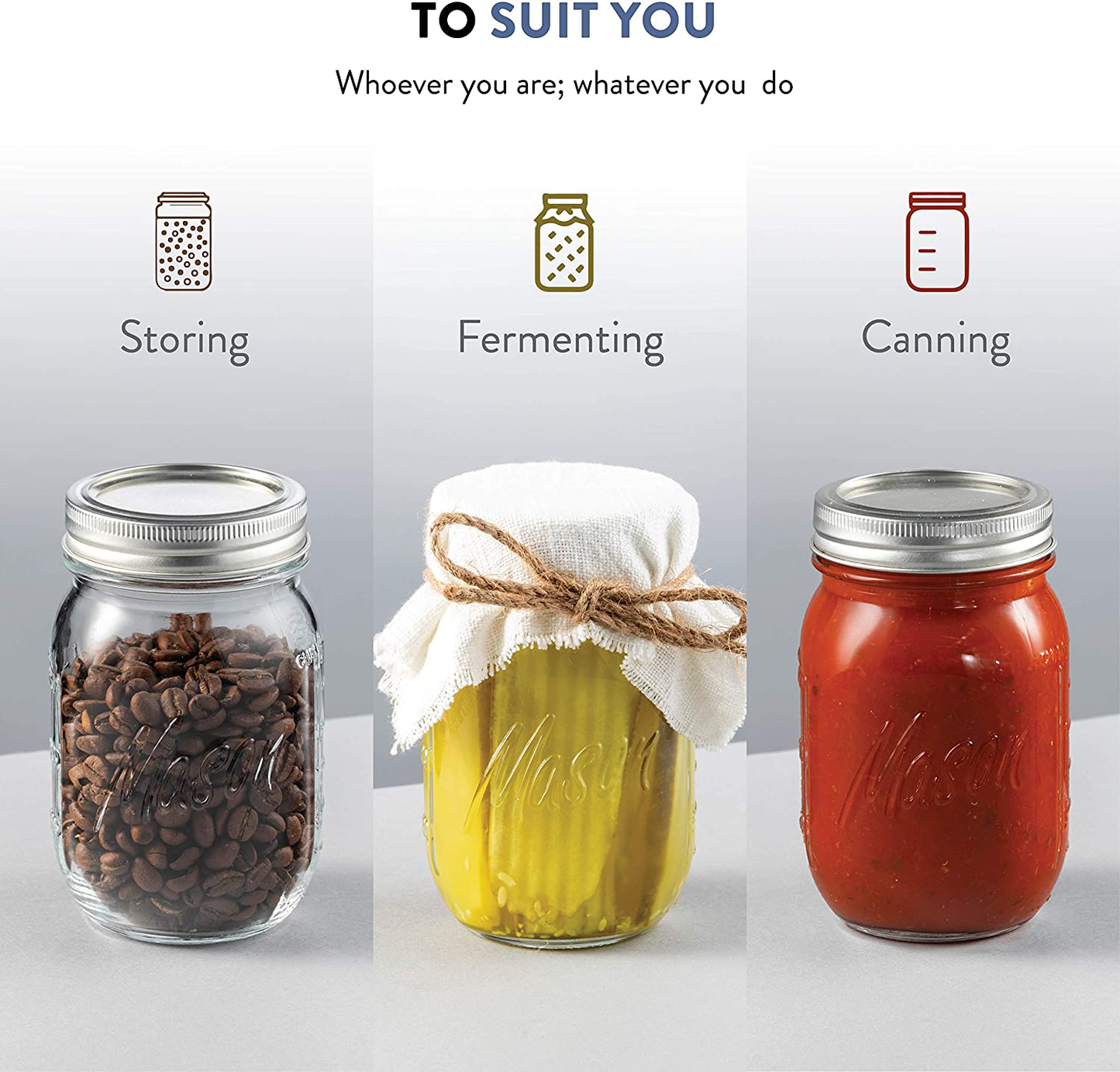 Regular-Mouth Glass Mason Jars, 16-Ounce (6-Pack) Glass Canning Jars with Silver Metal Airtight Lids and Bands with Measurement Marks, for Canning, Preserving, Meal Prep, Overnight Oats, Jam, Jelly,