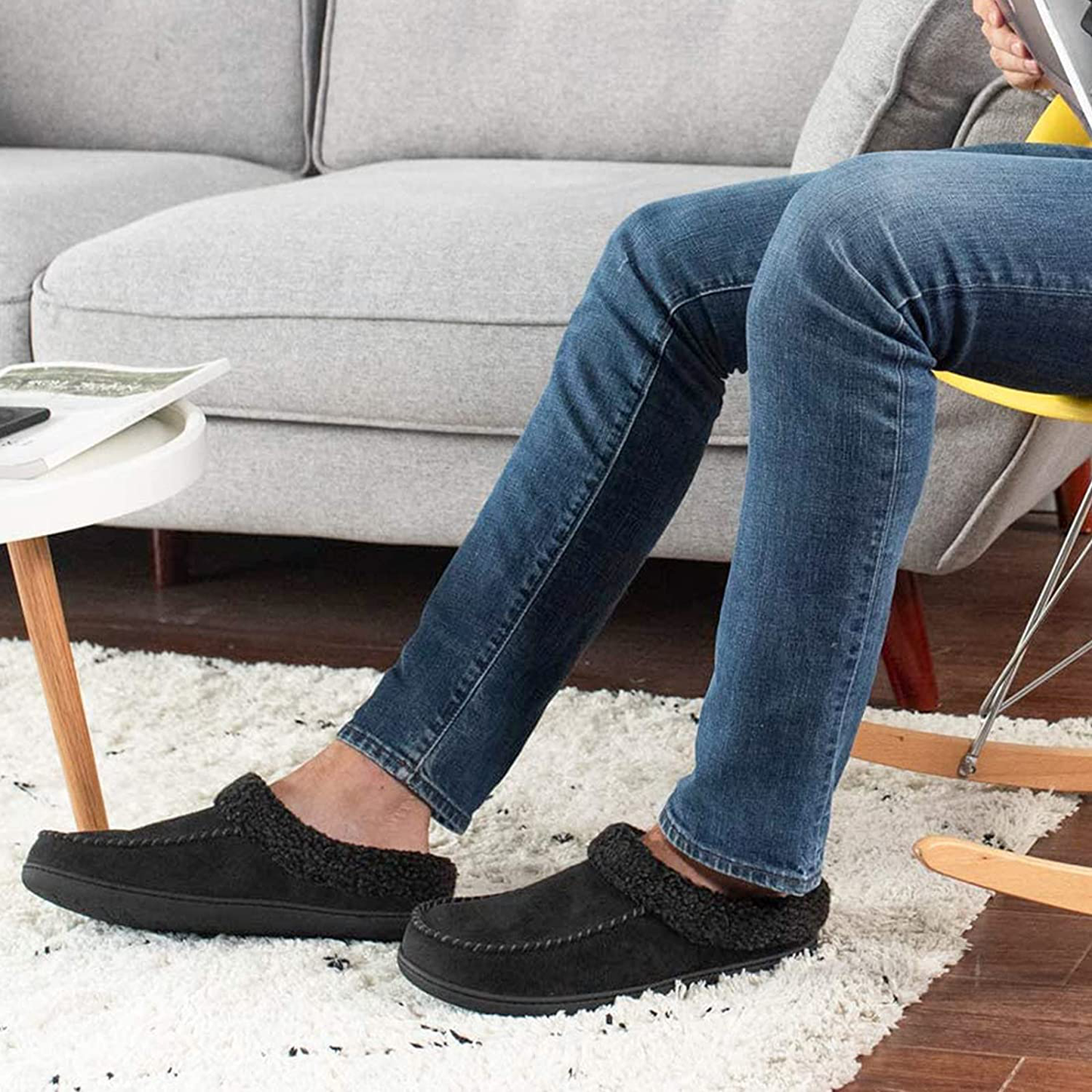 ULTRAIDEAS Men'S Moccasin Suede Slippers with Cozy Memory Foam & Fuzzy Plush Lining , Slip on Clog House Shoes with Indoor Outdoor Rubber Sole