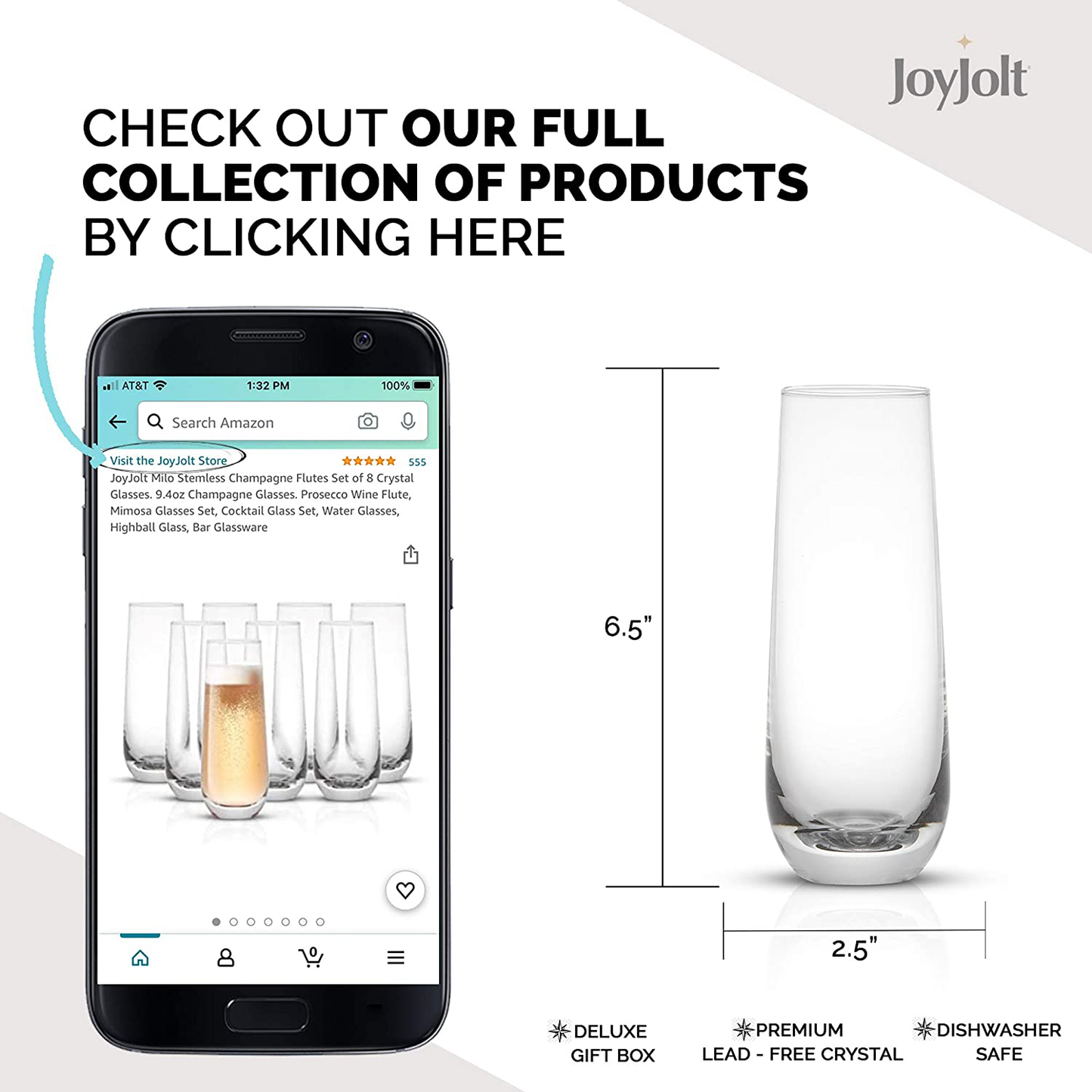Joyjolt Milo Stemless Champagne Flutes Set of 8 Crystal Glasses. 9.4Oz Champagne Glasses. Prosecco Wine Flute, Mimosa Glasses Set, Cocktail Glass Set, Water Glasses, Highball Glass, Bar Glassware