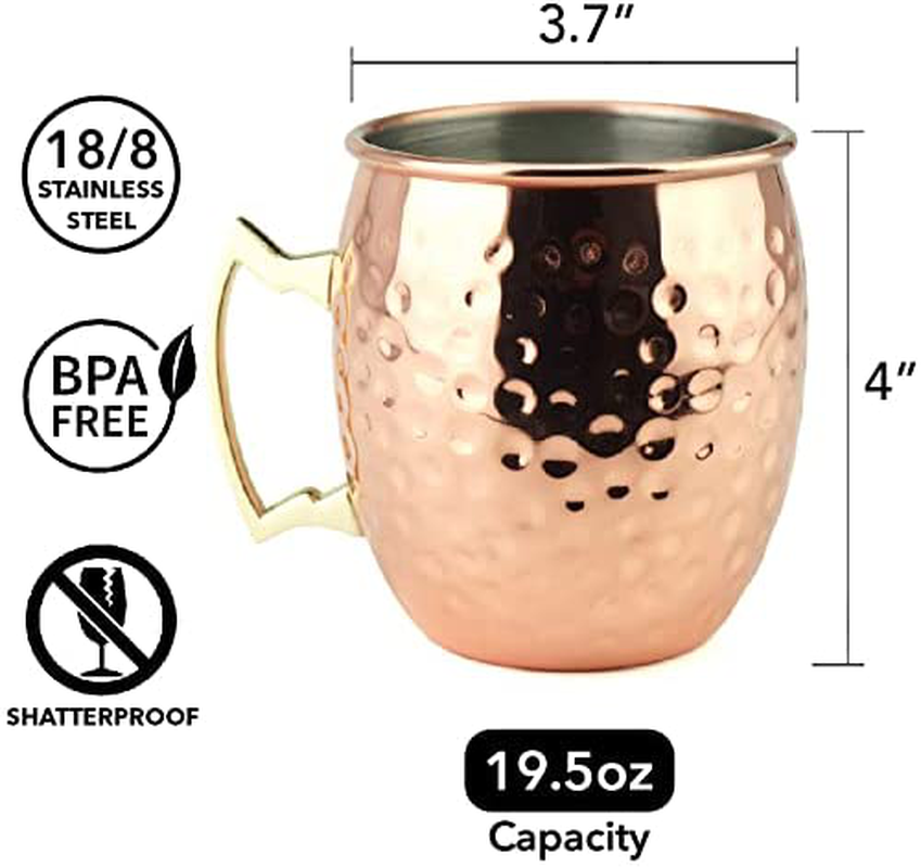 PG Moscow Mule Mugs | Large Size 19 Ounces | Set of 4 Hammered Cups | Stainless Steel Lining | Pure Copper Plating | Gold Brass Handles | 3.7 Inches Diameter X 4 Inches Tall
