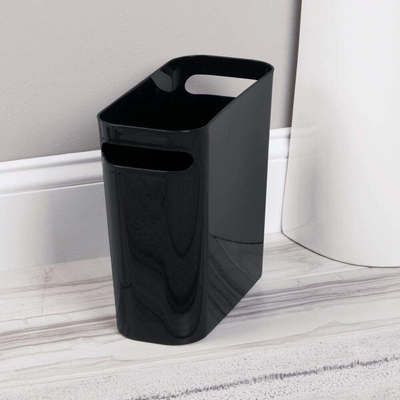 mDesign Slim Plastic Rectangular Small Trash Can Wastebasket, Garbage Container Bin with Handles for Bathroom, Kitchen, Home Office, Dorm, Kids Room - 10" High, Shatter-Resistant - Black